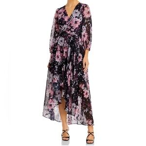 Women’s v-neck, maxi dress, sheer material with pink flowers and silver prints.